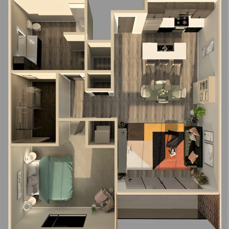 1 bedroom floor plan aerial overview