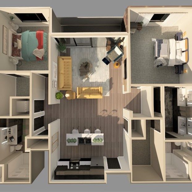 2 bedroom floor plan aerial overview