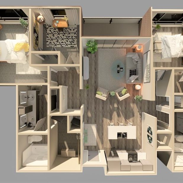 3 bedroom floor plan aerial overview